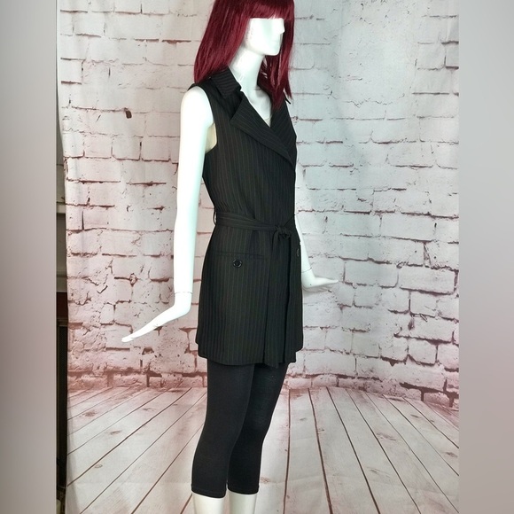 MAX STUDIO Pinstripe belted Twill Drape Vest Dress NWT Black & Grey XS Runs big - Picture 10 of 15